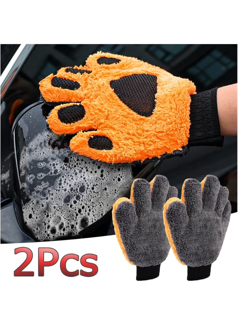 2-Pcs Car Wash Mitt Scratch Free，Cleaning Products Five-Finger Car Washing Gloves Soft Coral Fleece Auto Body Scratch-Free Detailing Cleaning Glove Thicken Bear Paw Wash Mitt Clean Multiple uses - Image 2