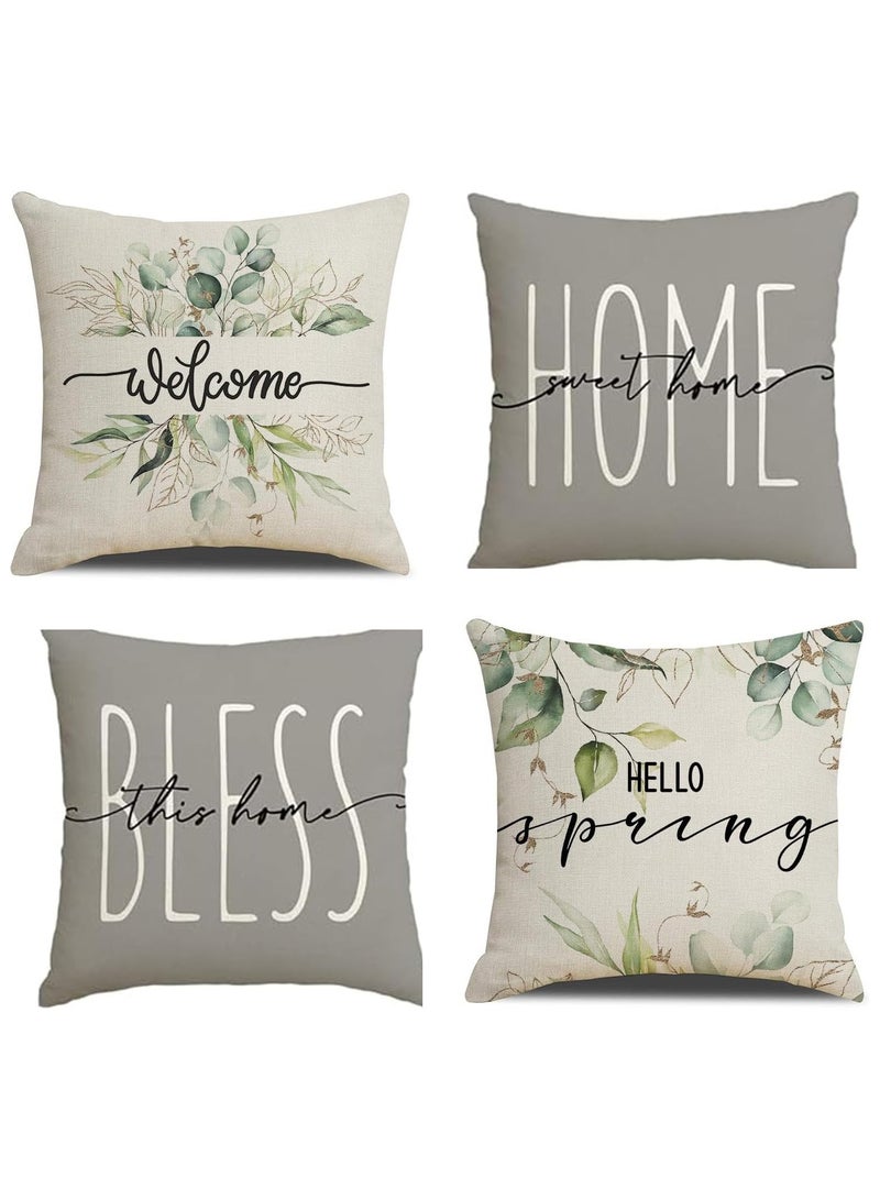 DIOTTI Cushion Covers,45 * 45cm Home Sweet Home Eucalyptus Leaves Throw Pillow Covers Set of 4, Spring Summer Seasonal Decorations For Outdoor Patio Garden Blench Living Room Sofa Farmhouse Decor (Style 1) - Image 1