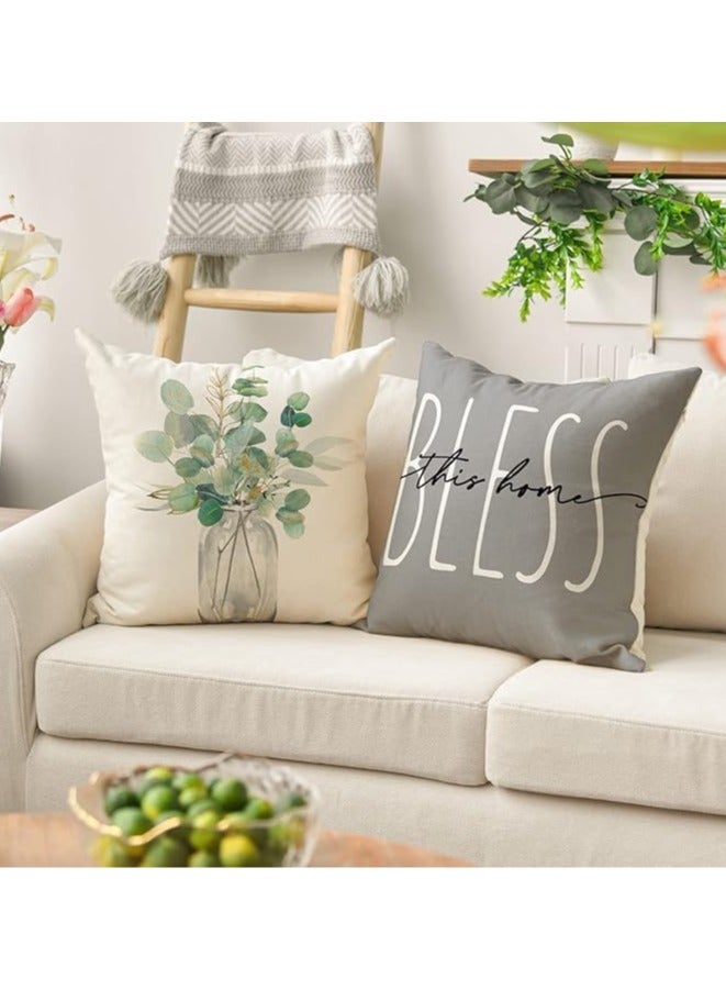 DIOTTI Cushion Covers,45 * 45cm Home Sweet Home Eucalyptus Leaves Throw Pillow Covers Set of 4, Spring Summer Seasonal Decorations For Outdoor Patio Garden Blench Living Room Sofa Farmhouse Decor (Style 1) - Image 3