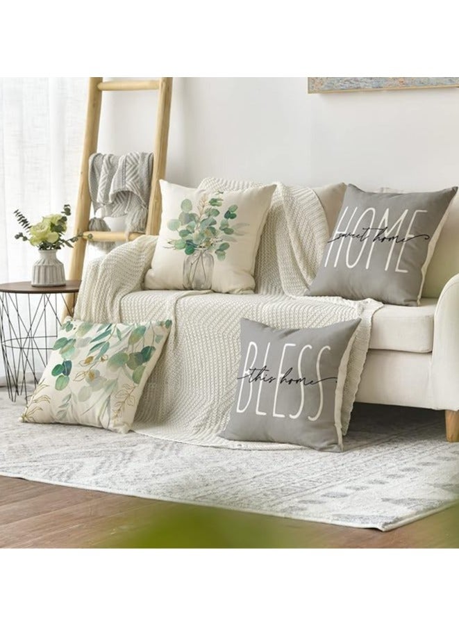 DIOTTI Cushion Covers,45 * 45cm Home Sweet Home Eucalyptus Leaves Throw Pillow Covers Set of 4, Spring Summer Seasonal Decorations For Outdoor Patio Garden Blench Living Room Sofa Farmhouse Decor (Style 1) - Image 4