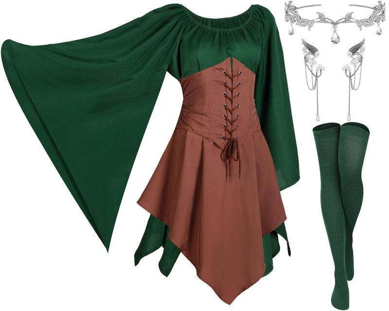 Haysandy 4 Pcs 2026 Women Elf Costume Halloween Renaissance Traditional Irish Dress Fairy Ears for Cosplay2X LargeGreen Brown - Image 2