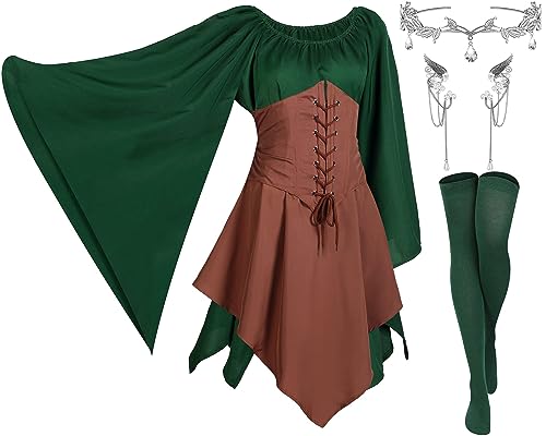 Haysandy 4 Pcs 2026 Women Elf Costume Halloween Renaissance Traditional Irish Dress Fairy Ears for Cosplay2X LargeGreen Brown - Image 1
