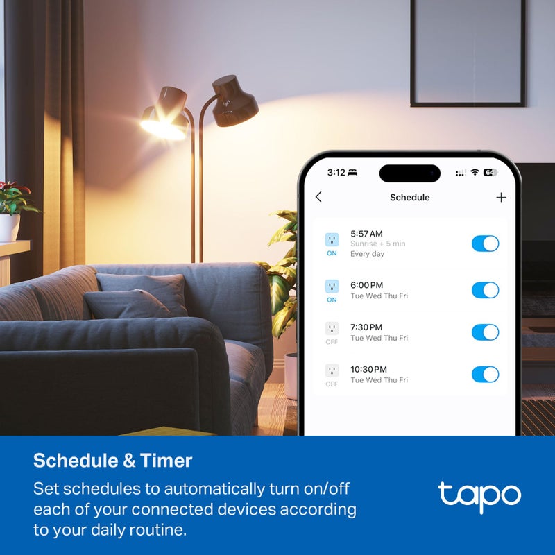 Tapo Smart Wi-Fi Power Strip - Matter Compatible, Energy Monitoring, Surge Protection, 6 Individually Controlled Outlets & 3 USB Ports, Works with Alexa, Google Assistant, Siri & Bixby - Tapo P316M - Image 5