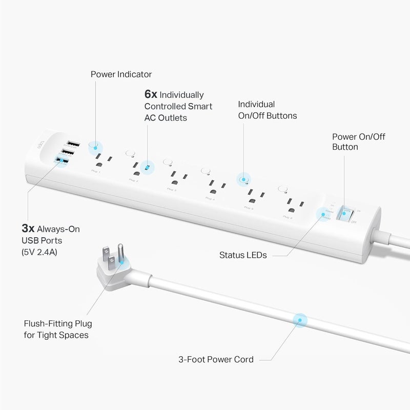 Tapo Smart Wi-Fi Power Strip - Matter Compatible, Energy Monitoring, Surge Protection, 6 Individually Controlled Outlets & 3 USB Ports, Works with Alexa, Google Assistant, Siri & Bixby - Tapo P316M - Image 2