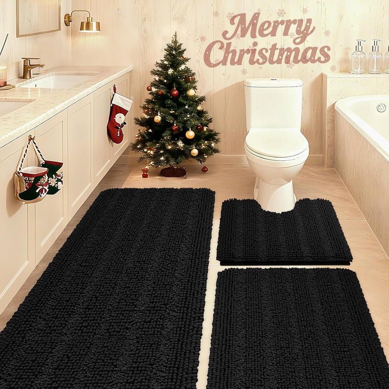 ACCUMTEK Striped Black Bathroom Rug Set 3 Pieces Ultra Soft, Non Slip Chenille Toilet Mat, Absorbent Plush Shaggy Bath Mats for Bathroom, Bedroom, Kitchen - Image 1
