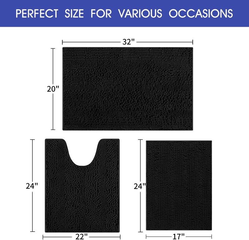ACCUMTEK Striped Black Bathroom Rug Set 3 Pieces Ultra Soft, Non Slip Chenille Toilet Mat, Absorbent Plush Shaggy Bath Mats for Bathroom, Bedroom, Kitchen - Image 2