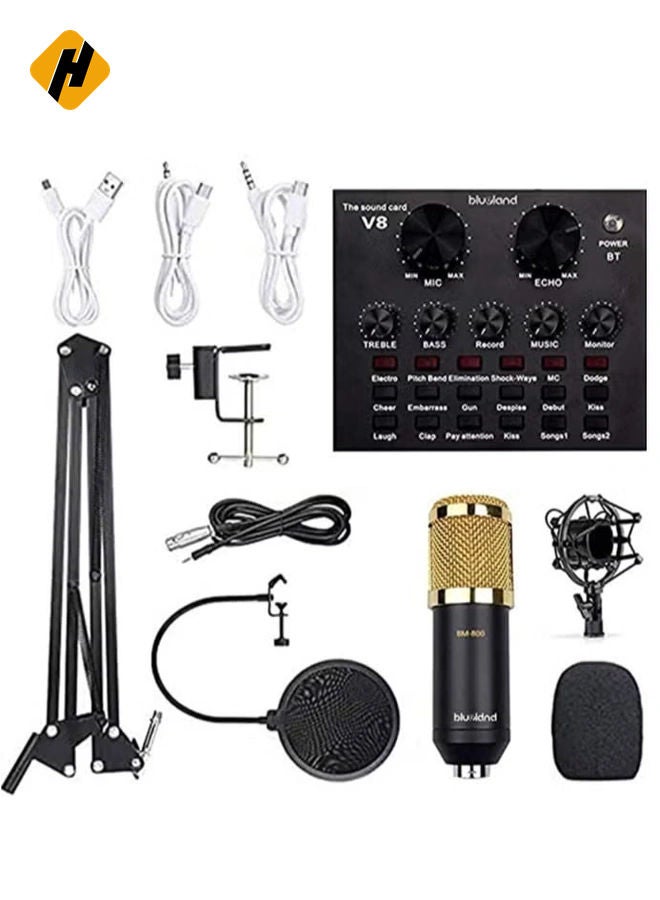 HuHa Microphone,Live Sound Card & BM800 Suspension Microphone Kit Broadcasting Recording Condenser Microphone Set Intelligent Volume Audio Mixer Sound Card for Computer PC Live Sound  - Image 1