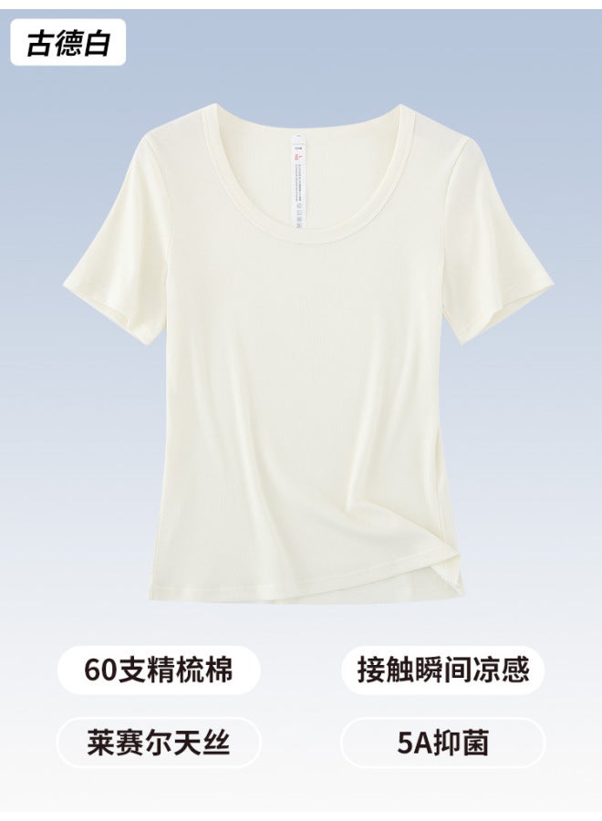 Tencel Short-sleeved Women's Summer Versatile U-neck Top Simple Slimming Look Threaded Cool Breathable Maillard T-shirt For Women