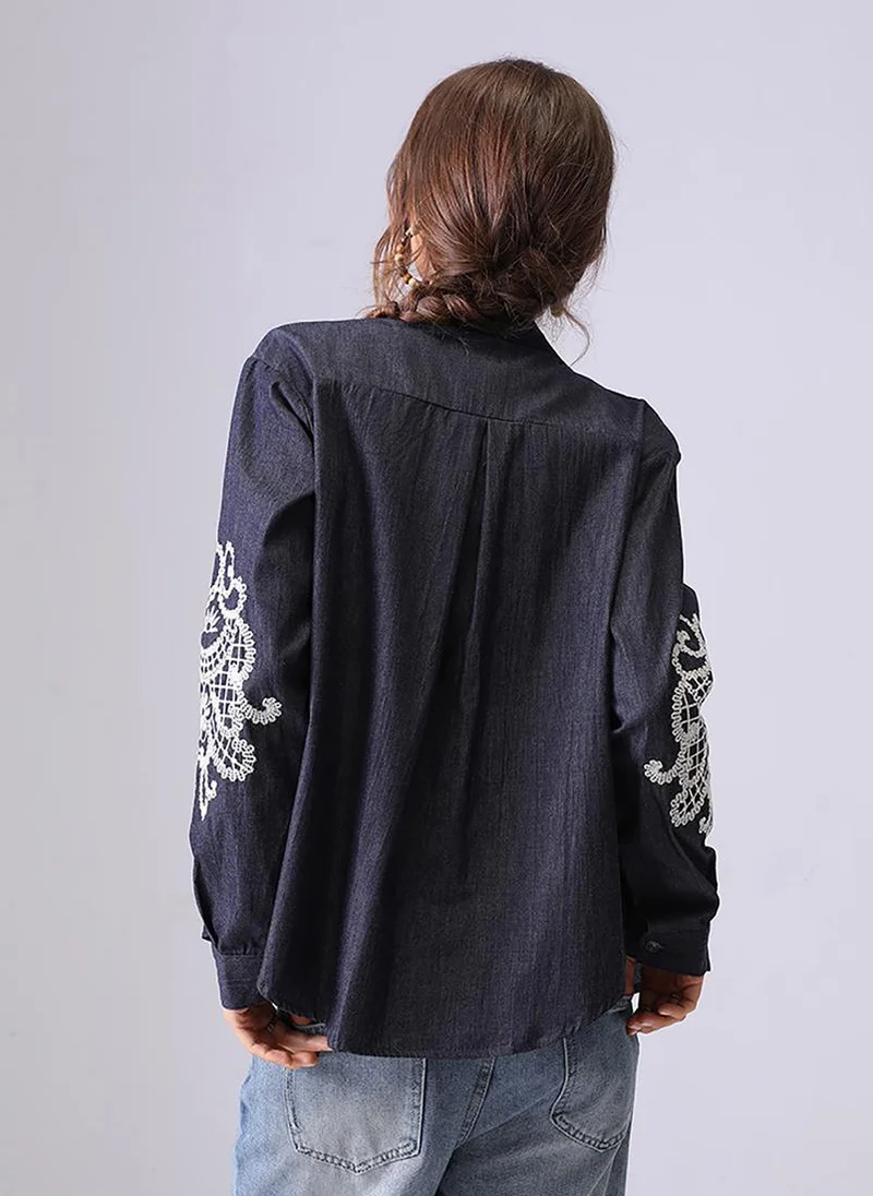 YUNIQEE Dark Blue Spread Collar Regular Sleeves Regular Fit Shirt