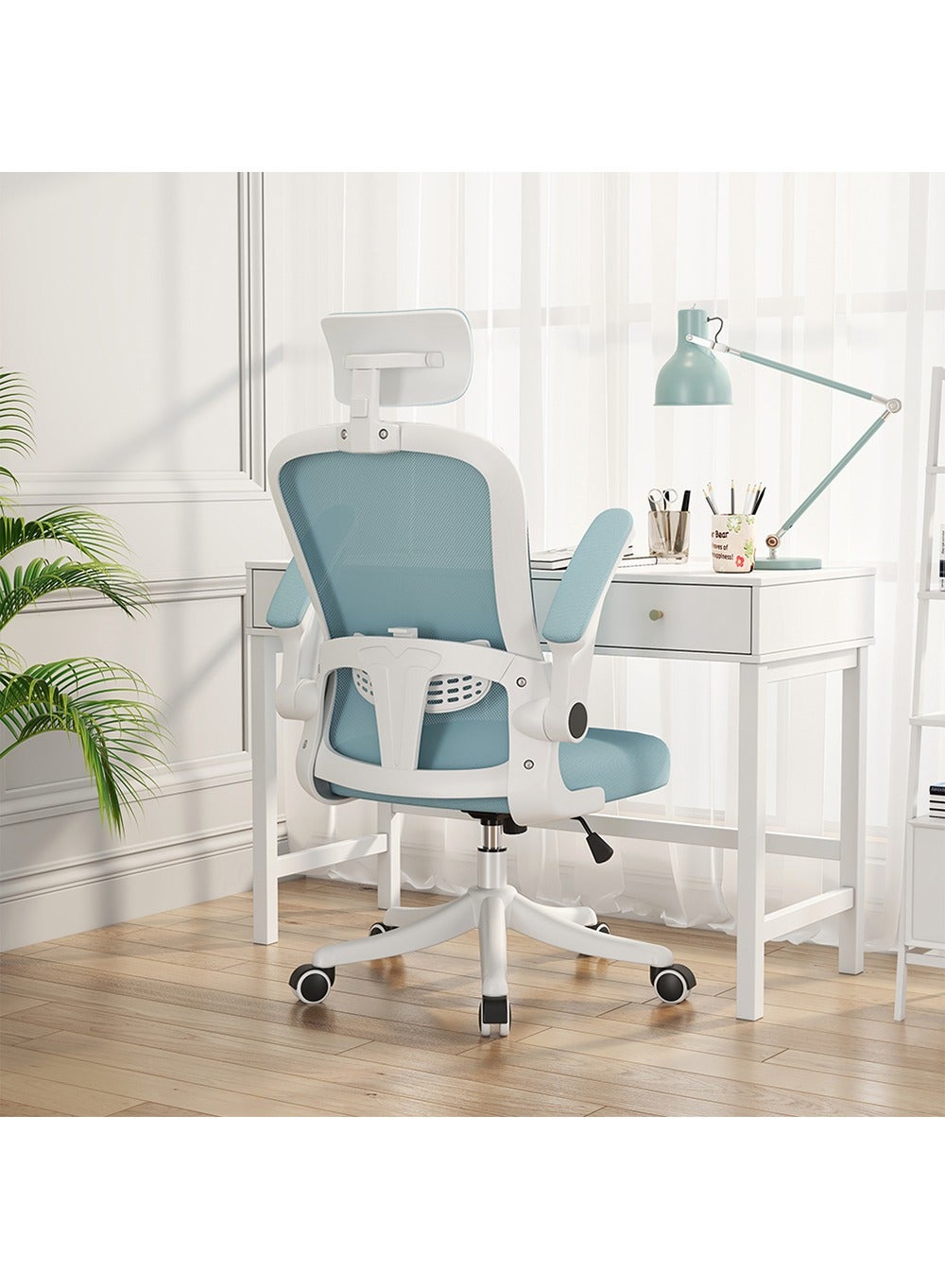 MOZOGOT Ergonomic Office Chair with Lumbar Support & Headrest & Flip-up Arms Height Adjustable Rocking Home Office Desk Chairs for Teens and Adults (Blue Mesh)
