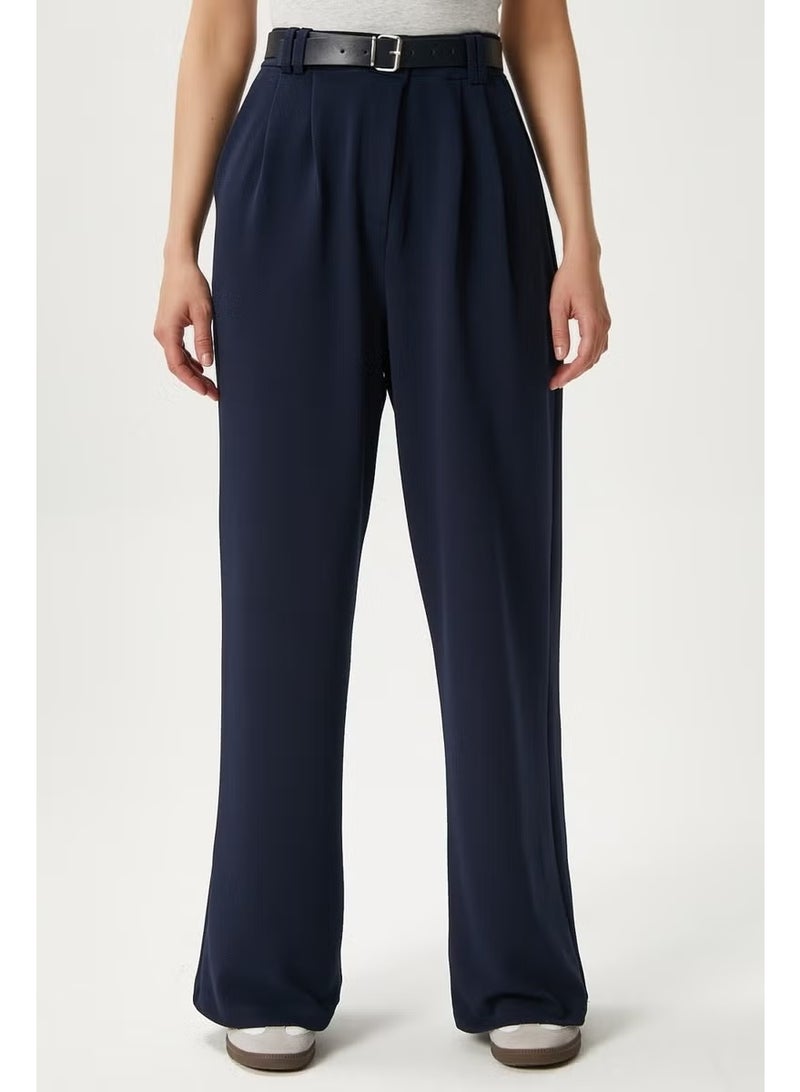 Ritnice Women's Rena Belted Lycra Navy Blue Palazzo Trousers - Image 3