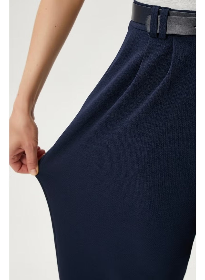 Ritnice Women's Rena Belted Lycra Navy Blue Palazzo Trousers - Image 2