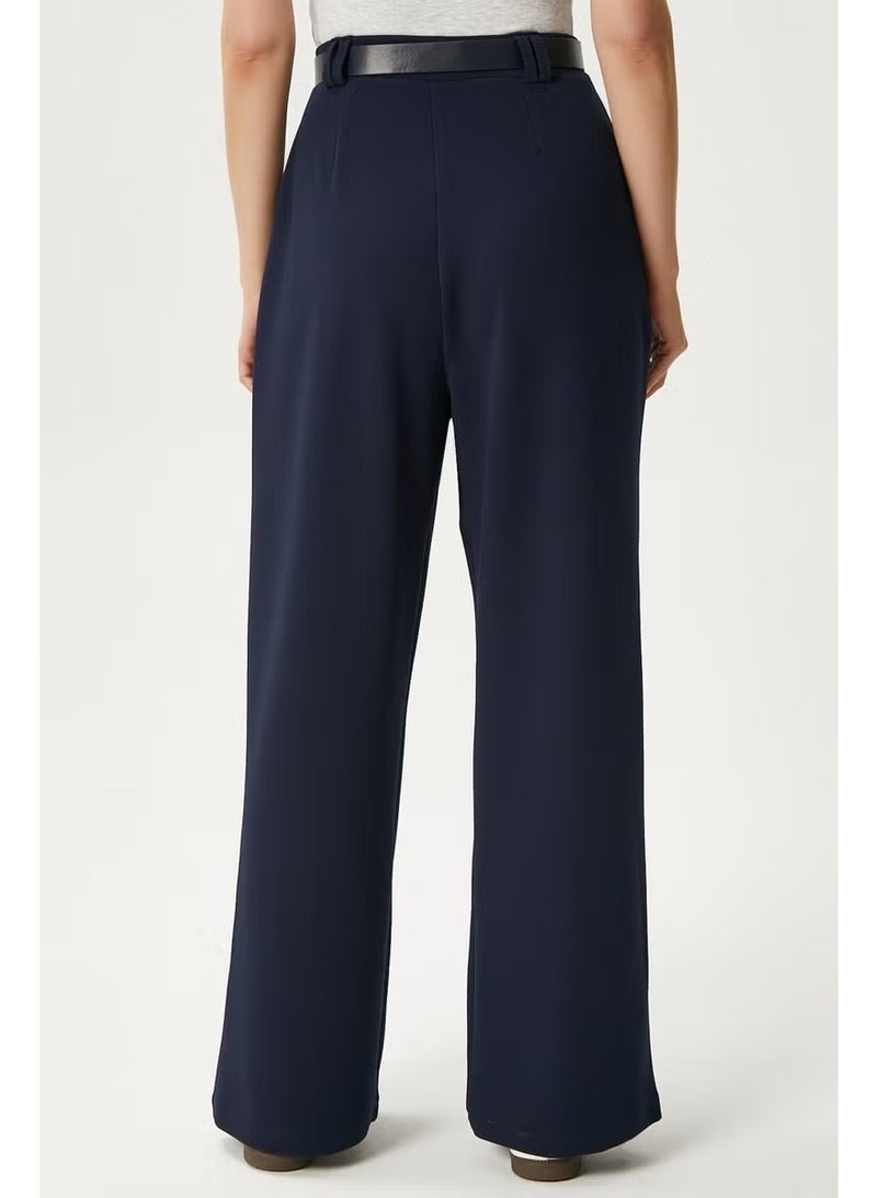 Ritnice Women's Rena Belted Lycra Navy Blue Palazzo Trousers - Image 4