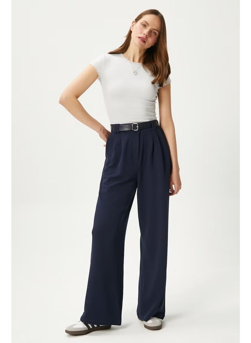 Ritnice Women's Rena Belted Lycra Navy Blue Palazzo Trousers - Image 1