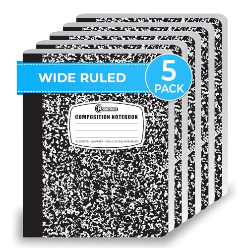 Rosmonde Composition Notebook Wide Ruled 5 Pack, 200 Pages (100 Sheets), 9-3/4 x 7-1/2, Back to School Supplies, Notebooks for School, Office Supplies, Notebooks for Work, Wide Ruled Notebook - Image 1