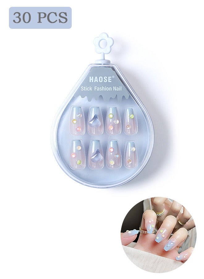 30 Pcs Square Gel False Nails, Reusable Opaque Stick on Nails, Full Cover False Fingernails for Decoration (Blue) - Image 1
