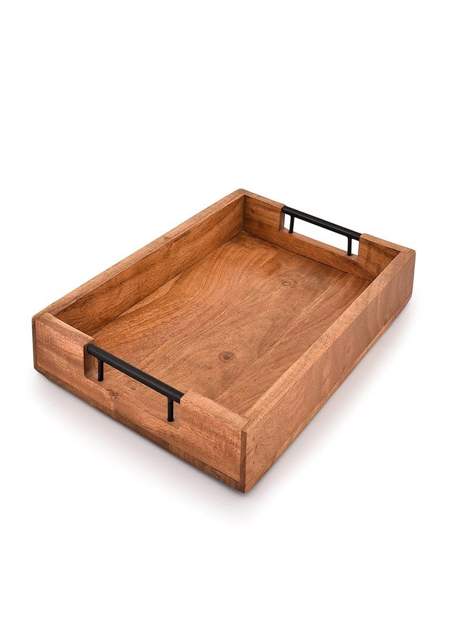 Mahasu Tray with Metal Handles Acacia Wood Serving Tray Decorative Ottoman Coffee Table Tray for Living Room Kitchen Food Tray (15" X 10" X 1.6") - Image 1