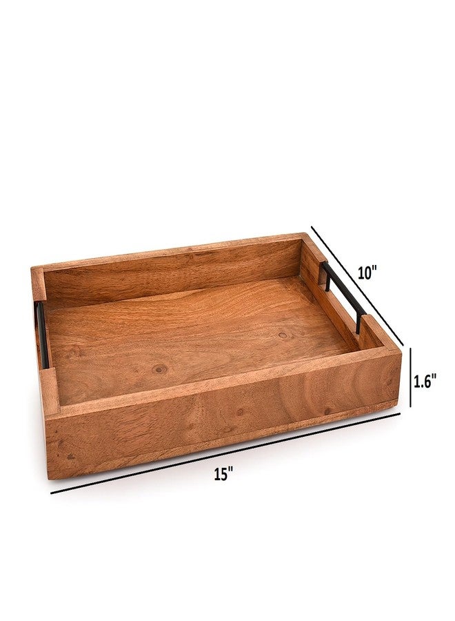 Mahasu Tray with Metal Handles Acacia Wood Serving Tray Decorative Ottoman Coffee Table Tray for Living Room Kitchen Food Tray (15" X 10" X 1.6") - Image 2