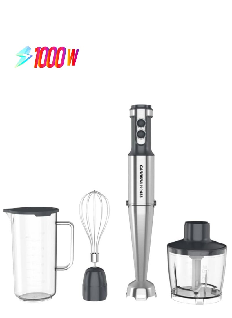 Carrera CARRERA 1000W Stick Blender, 4-in-1 Hand Blender & Grinder – Stainless Steel, Full Copper DC Motor, Turbo, LED Display, For Soups, Smoothies, Chutneys, Baby Food – CRR453, 2-Year Warranty  - Image 1
