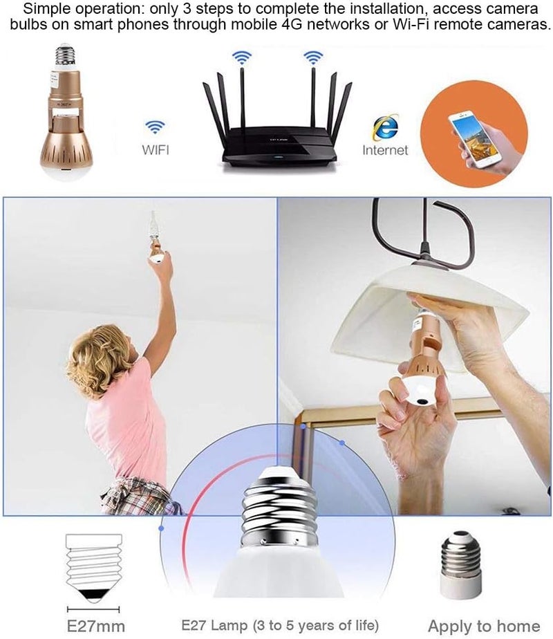 klarako Light Bulb Camera 1080P 360°Panoramic HD WiFi Camera IP Home Security Video Cam with Motion Detection/Night Vision, Support Micro SD Memory Card(Not Included) - Image 4