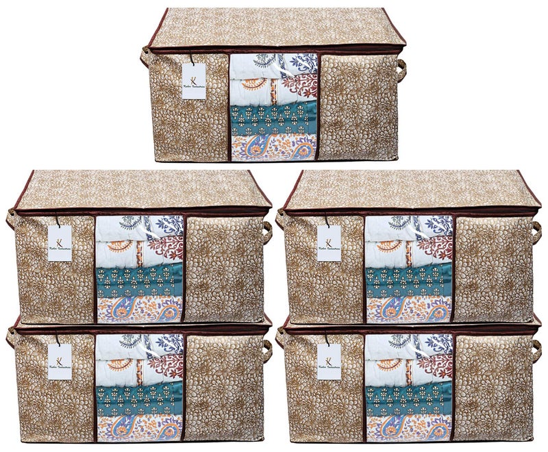 Kuber Industries Flower Design Non Woven Underbed Storage BagLarge Storage OrganiserBlanket Cover with Transparent WindowSize 65 x 47 x 34 CMPack of 4 Brown - Image 1