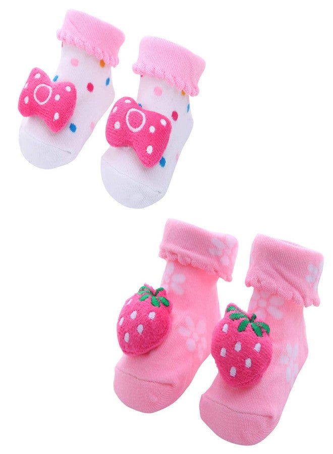 MumsLap Baby Girls Anti Slip 0 to 12 Months Socks (Set of 2 pairs) | Non-Skid | White & Pink Booties for Infant (Bow & Strawberry) - Image 1
