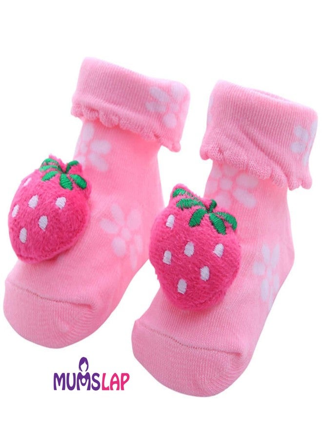 MumsLap Baby Girls Anti Slip 0 to 12 Months Socks (Set of 2 pairs) | Non-Skid | White & Pink Booties for Infant (Bow & Strawberry) - Image 2