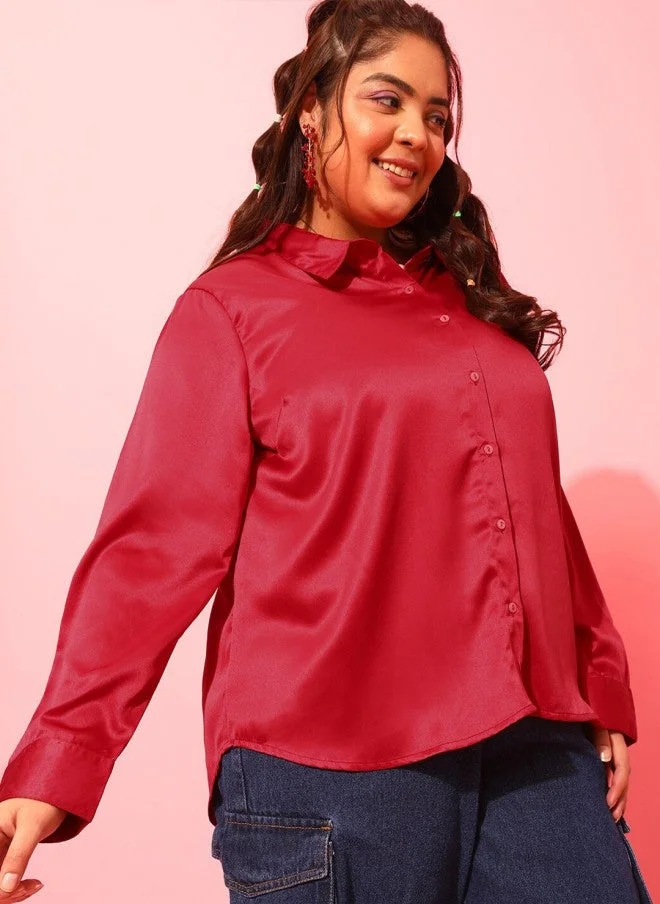كيرفي ستريت Plus Size Red Classic Satin Casual Shirt