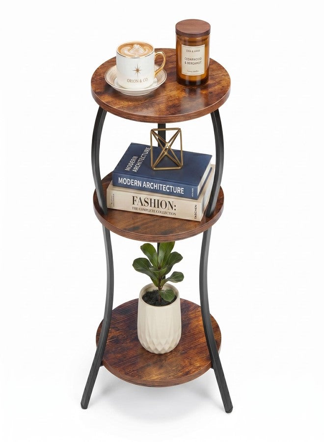 YEAKOO Vintage Small Round Side Table, 3-Tier Slim Waist Circular End Table with Storage Shelf, Compact Tea Sofa Table, Round Corner Coffee Table Nightstand for Living Room Bedroom Small Spaces,Rustic Brown - Image 1