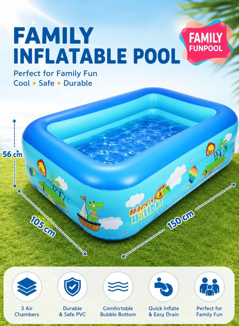 Bestway Inflatable Family Swimming Pool 150 × 105 × 56 cm, 3-Layer Rectangular Kids Paddling Pool, Spacious Inflatable Water Pool for Children & Family, Indoor Outdoor Garden Summer Water Play, Blue - Image 1