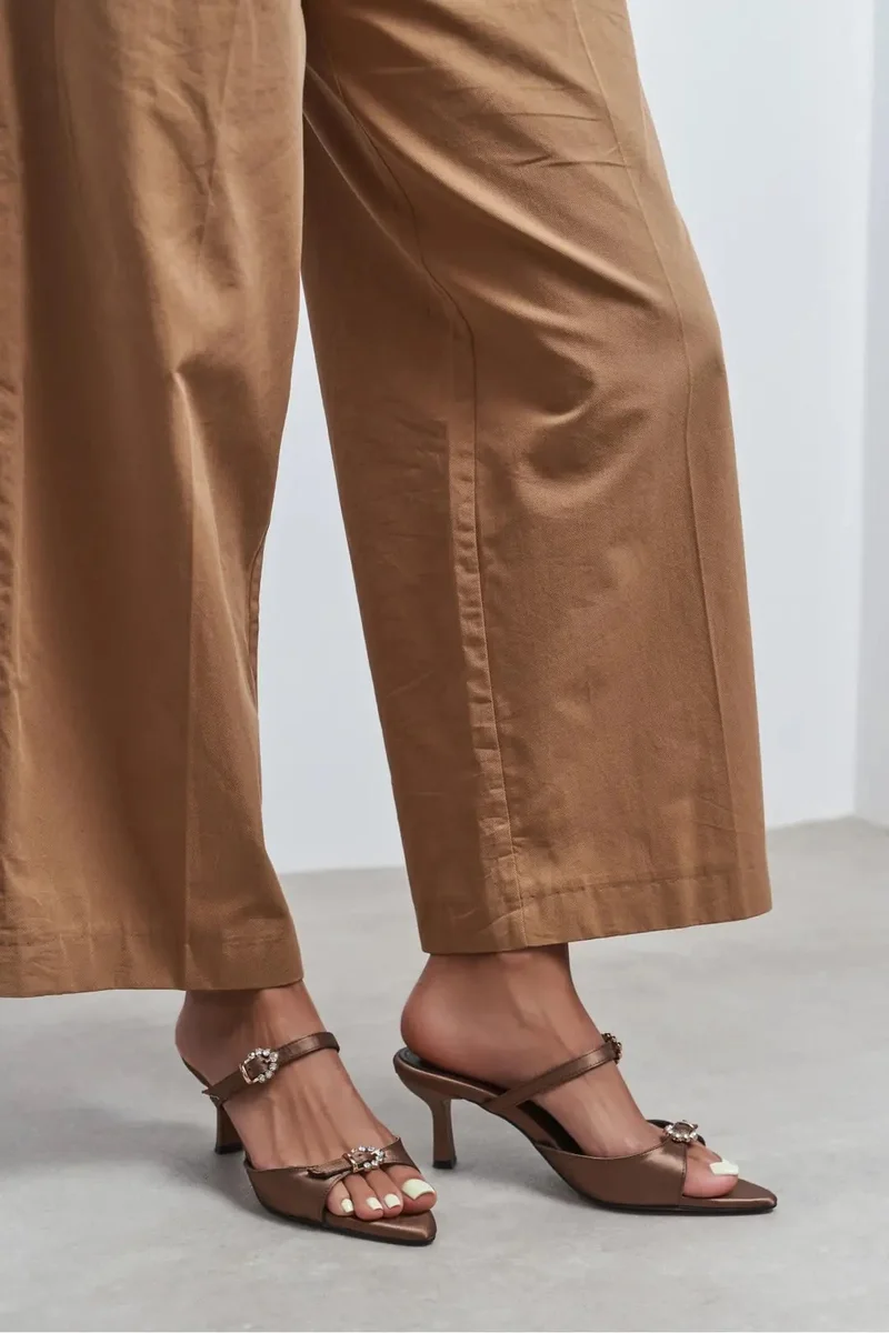 Nisantasi Shoes Calista Satin Buckle Detail Pointed Toe Heels — Brown