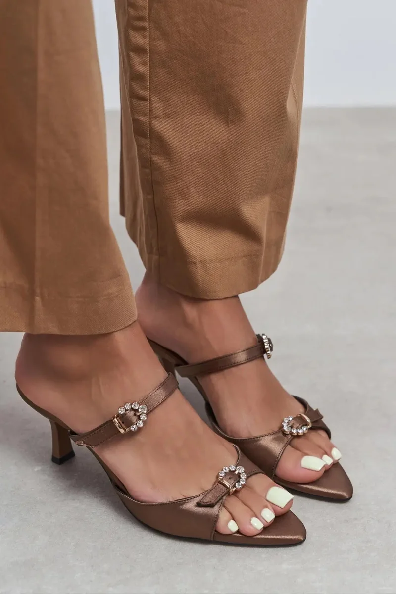 Nisantasi Shoes Calista Satin Buckle Detail Pointed Toe Heels — Brown