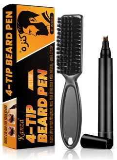 Kanza 4-Tip Beard Pen (Dark Brown) Beard & Moustache Pen and Beard Brush Combo Set Beard Filler & Shape for Home Travel & Barber Use Exclusively for Men 5ml Pen & Brush  - Image 1