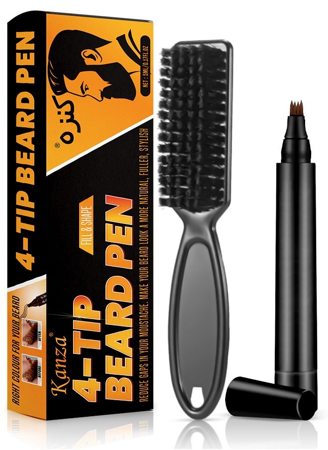Kanza 4-Tip Beard Pen (Dark Brown) Beard & Moustache Pen and Beard Brush Combo Set Beard Filler & Shape for Home Travel & Barber Use Exclusively for Men 5ml Pen & Brush  - Image 1