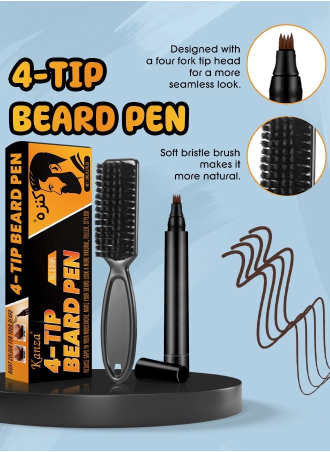 Kanza 4-Tip Beard Pen (Dark Brown) Beard & Moustache Pen and Beard Brush Combo Set Beard Filler & Shape for Home Travel & Barber Use Exclusively for Men 5ml Pen & Brush  - Image 4