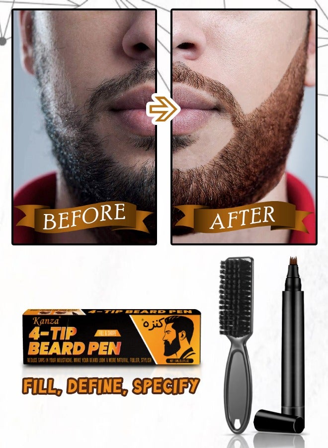 4-Tip Beard Pen (Dark Brown) Beard & Moustache Pen and Beard Brush Combo Set Beard Filler & Shape for Home Travel & Barber Use Exclusively for Men 5ml Pen & Brush