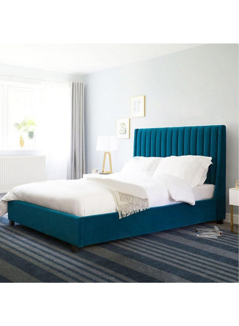 Arabell Wingback Bed Velvet Platform Bed Modern Design Free Installation Blue Sapphire Super King Size 200 x 210 Cm
