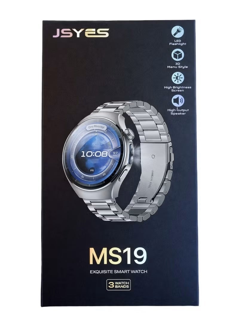 جيسي ساعه JSYES MS19 الذكيه بشاشه عاليه الدقه _مقاومة للماء بمعيار IP68 _ تدعم استقبال إشعارات التطبيقات.إجراء واستقبال المكالمات مباشرة من الساعة_خاصية البحث عن الموبايل_تدعم مميزات التتبع الصحي _يأتي مع 3 ستراب (سيليكون – معدن – جلد) - Image 1