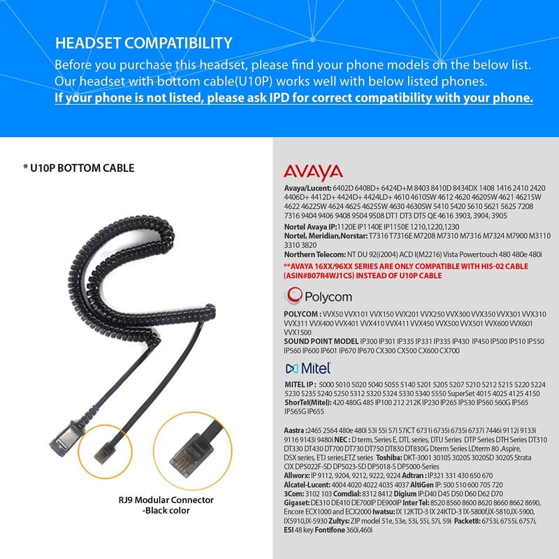 IPD IPH-165 Phone Headset with Noise Cancelling Microhone for Office and Call Center- Comapatible with Polycom VVX,Aastra,Avaya Digital, Nortel, Samsung,Mitel landline Phones - Image 2