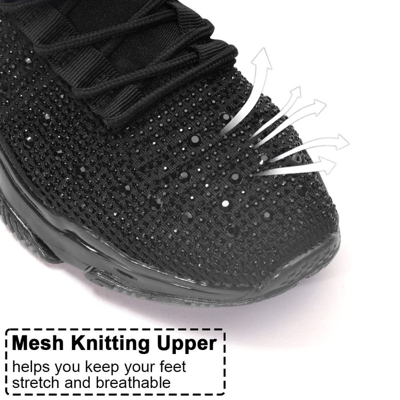 BELOS Women's Fashion Rhinestone Mesh Knit Slip On Sneaker Breathable Glitter Walking Shoes(Black,9) - Image 3