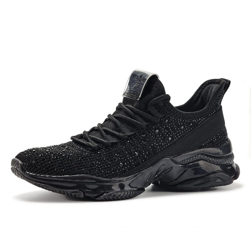 BELOS Women's Fashion Rhinestone Mesh Knit Slip On Sneaker Breathable Glitter Walking Shoes(Black,9) - Image 1