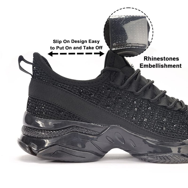 BELOS Women's Fashion Rhinestone Mesh Knit Slip On Sneaker Breathable Glitter Walking Shoes(Black,9) - Image 4