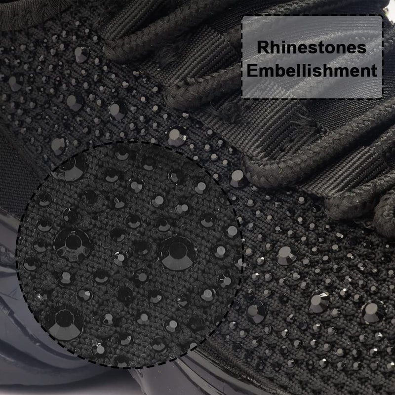 BELOS Women's Fashion Rhinestone Mesh Knit Slip On Sneaker Breathable Glitter Walking Shoes(Black,9) - Image 2