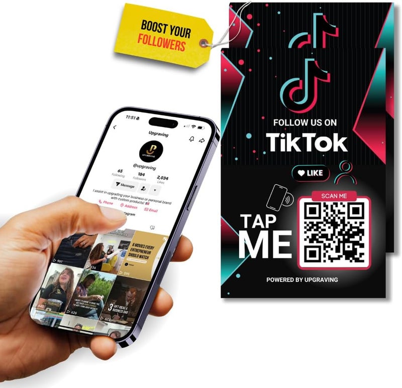 Upgraving Reusable Followers Tap Sticker for TikTok with QR & NFC Tap - Compatible with iPhone and Android - Follow us on TikTok- Powered (2 Stickers) - Image 1