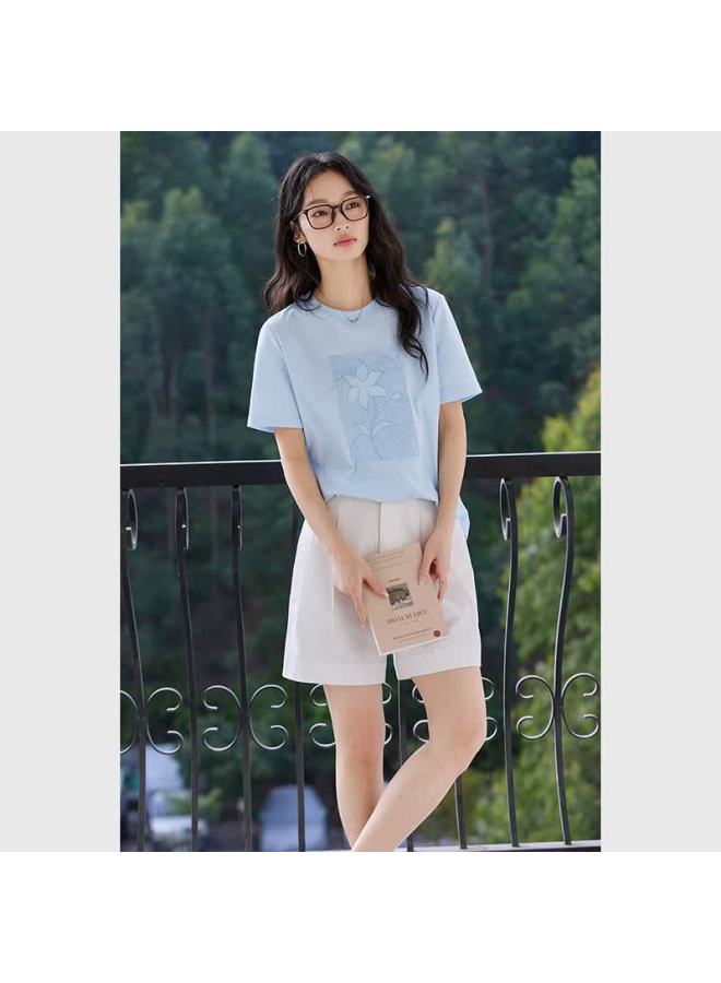 Fanximan Vintage Embroidered Design Cotton Crew Neck T-shirt Women Summer New Casual Versatile Pullover Top Yalan Blue S - Image 3