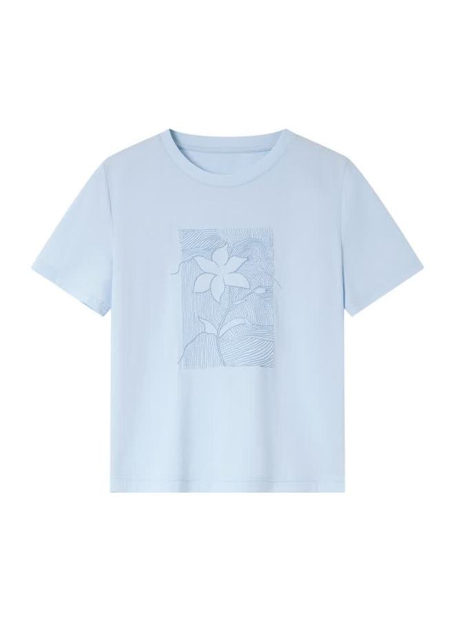 Fanximan Vintage Embroidered Design Cotton Crew Neck T-shirt Women Summer New Casual Versatile Pullover Top Yalan Blue S - Image 4