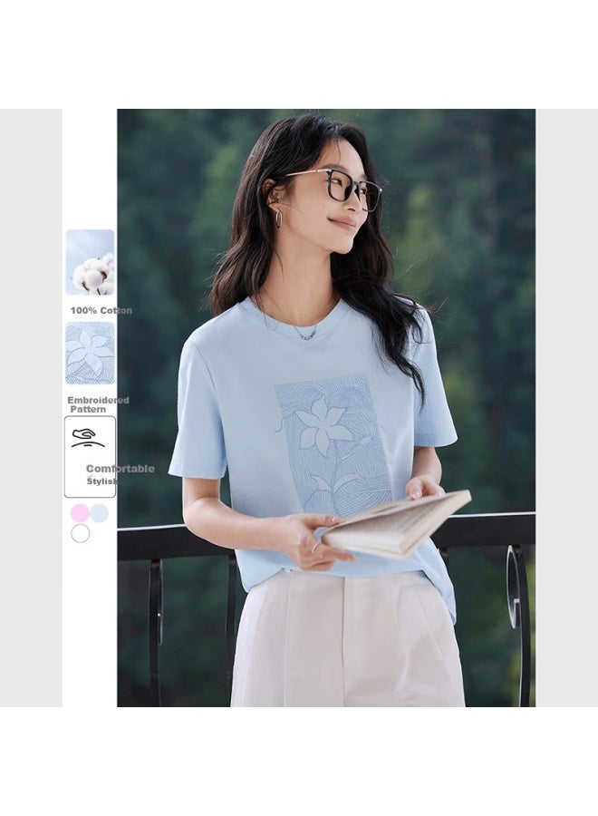 Fanximan Vintage Embroidered Design Cotton Crew Neck T-shirt Women Summer New Casual Versatile Pullover Top Yalan Blue S - Image 1