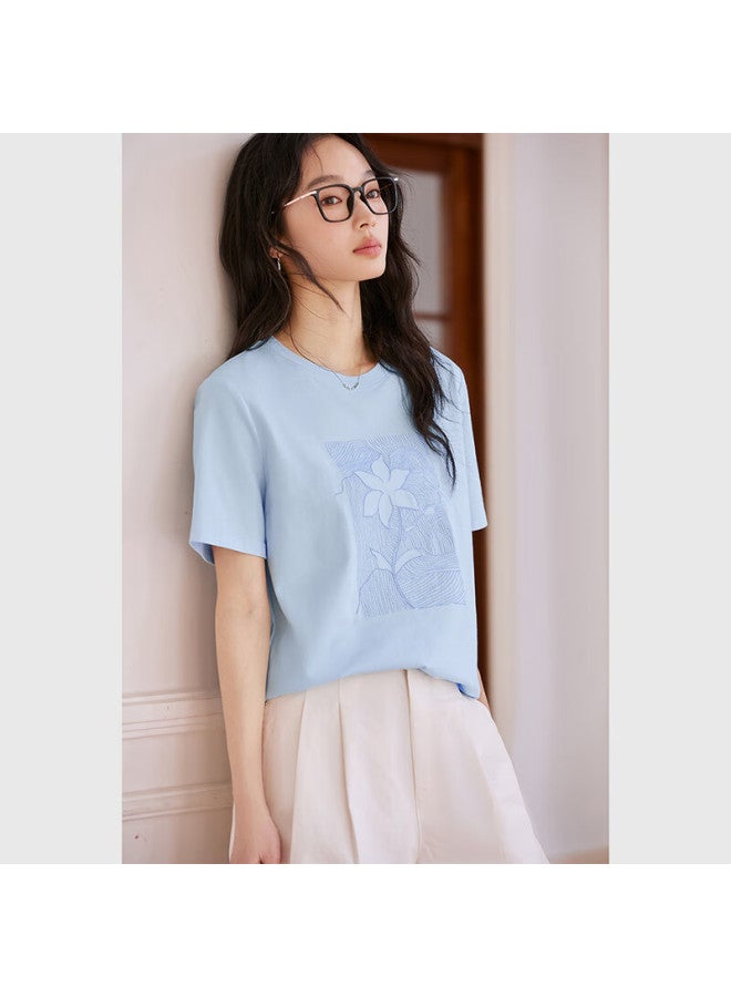 Fanximan Vintage Embroidered Design Cotton Crew Neck T-shirt Women Summer New Casual Versatile Pullover Top Yalan Blue S - Image 2