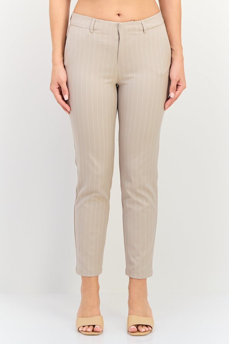 Reiko Women Cigarette Fit Stripe Straight Leg Pants, Beige - Image 1