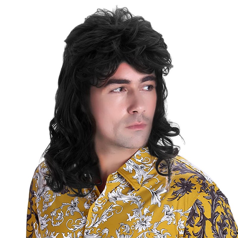 Wiwige Mens Mullet Wigs Black Curly Cosplay Costume Wig Retro Punk Rocker Disco Synthetic Full Wigs